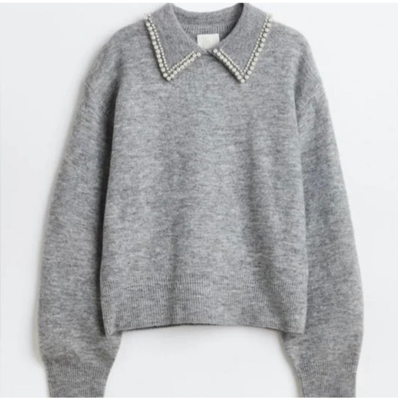 H&M Sweaters - H&M Sweater Womens Small Gray Faux Pearl Beads Collar Wool Stretch Blend Winter